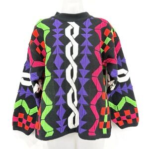 Jamie Scott 3D Knit Sweater Womens M Rainbow Aztec VTG 80s‎ Retro Artsy
